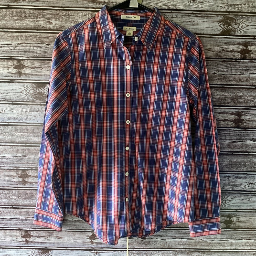 LL Bean Women's Long-Sleeved Button-Down Top Size XS Wrinkle Free Blue Plaid